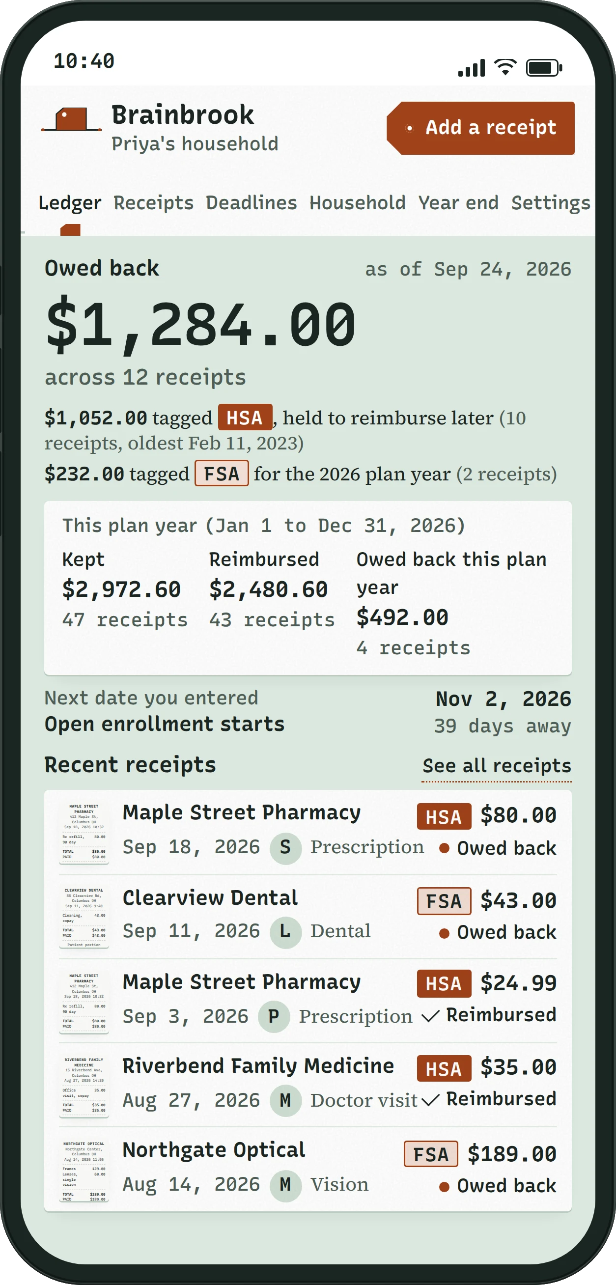 Brainbrook ledger home on a phone: Owed back $1,284.00 across 12 receipts, this plan year's kept, reimbursed and owed back figures, the next entered date, and five recent receipts.