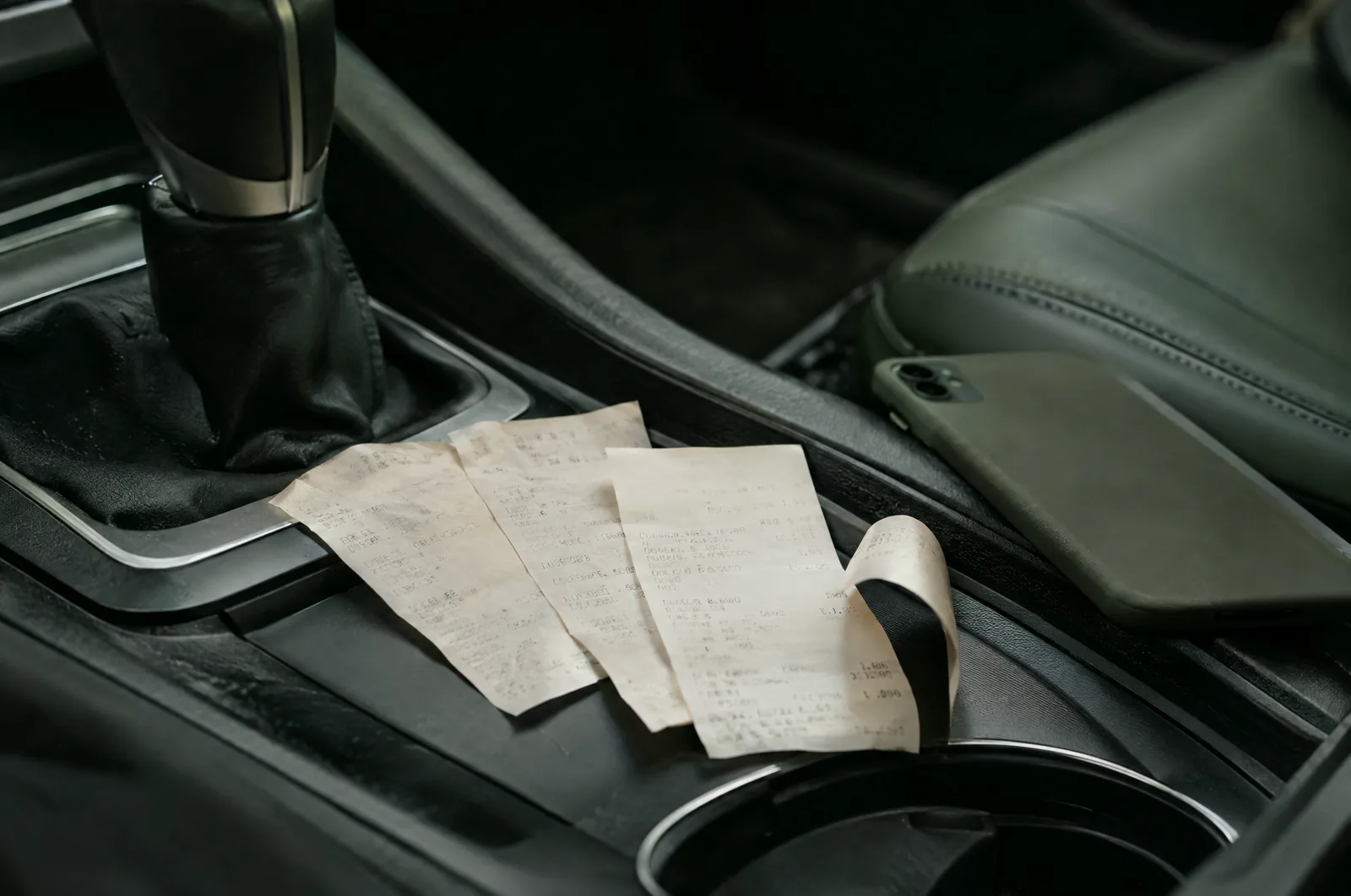 Three small thermal receipts fanned on a car's center console, one curling at the end, with a phone lying face down beside them.