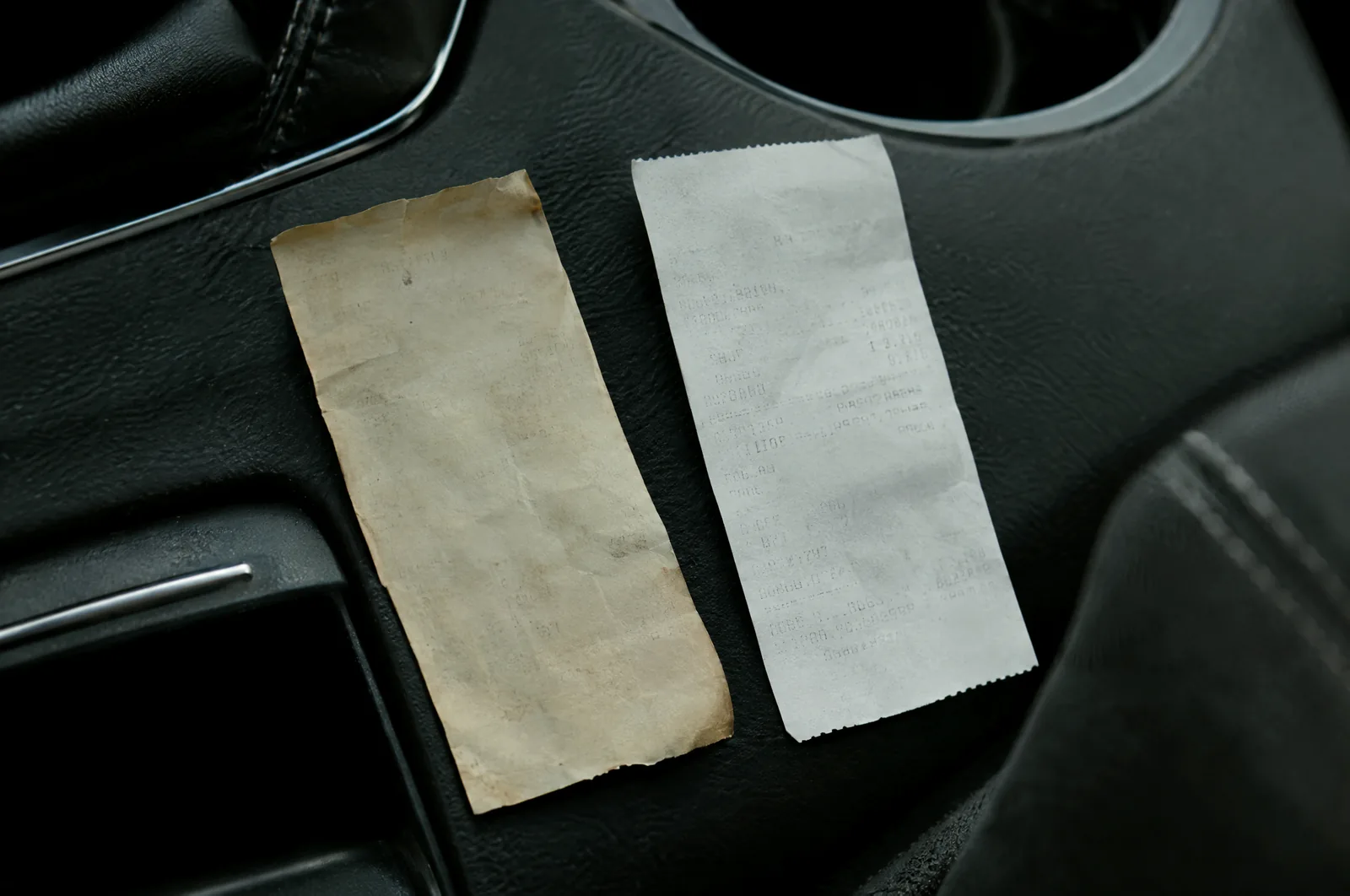 Two thermal receipts side by side on a car's center console, the left one faded nearly blank and the right one crisp.