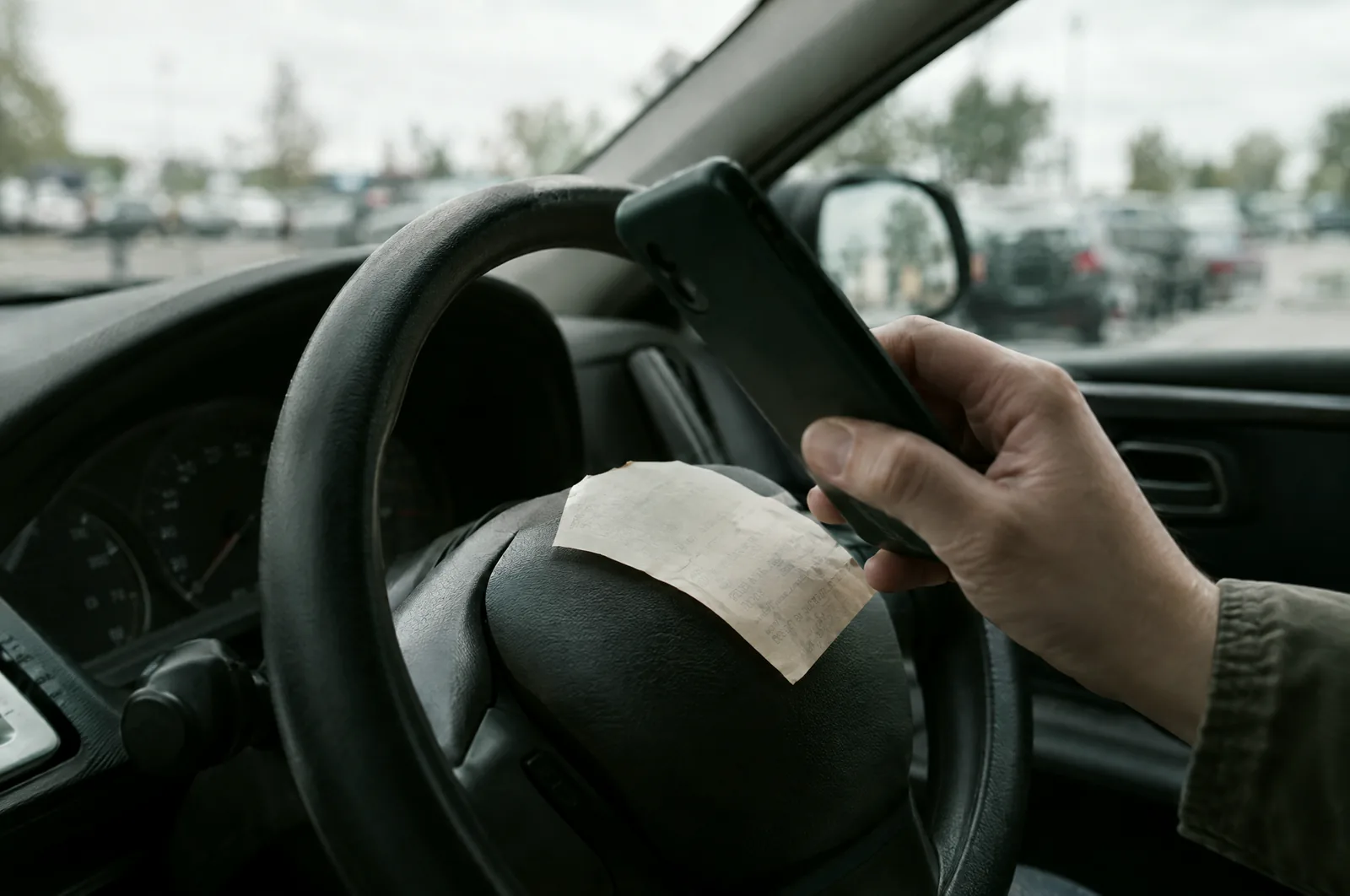 A hand holding a phone above a receipt resting on the steering wheel's center, the parking lot soft through the windshield.