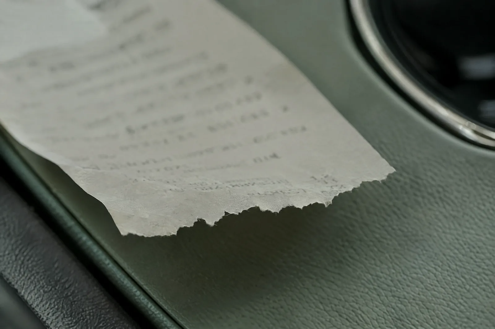 The torn end of a small thermal receipt on a car's center console, the jagged tear edge sharp and the print soft behind it.